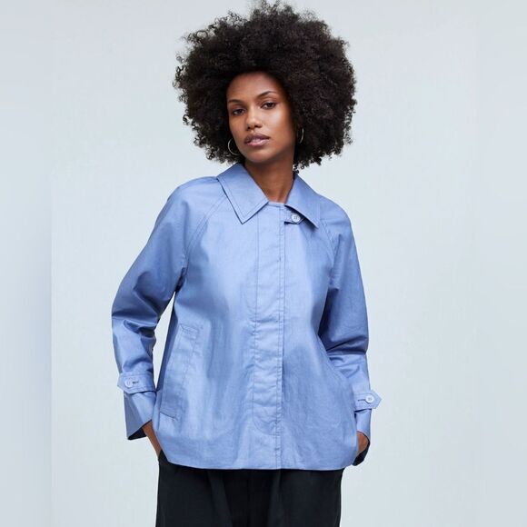 Madewell short trench coat Laminated Button Up Long Sleeve Coat in blue. M - Picture 3 of 12
